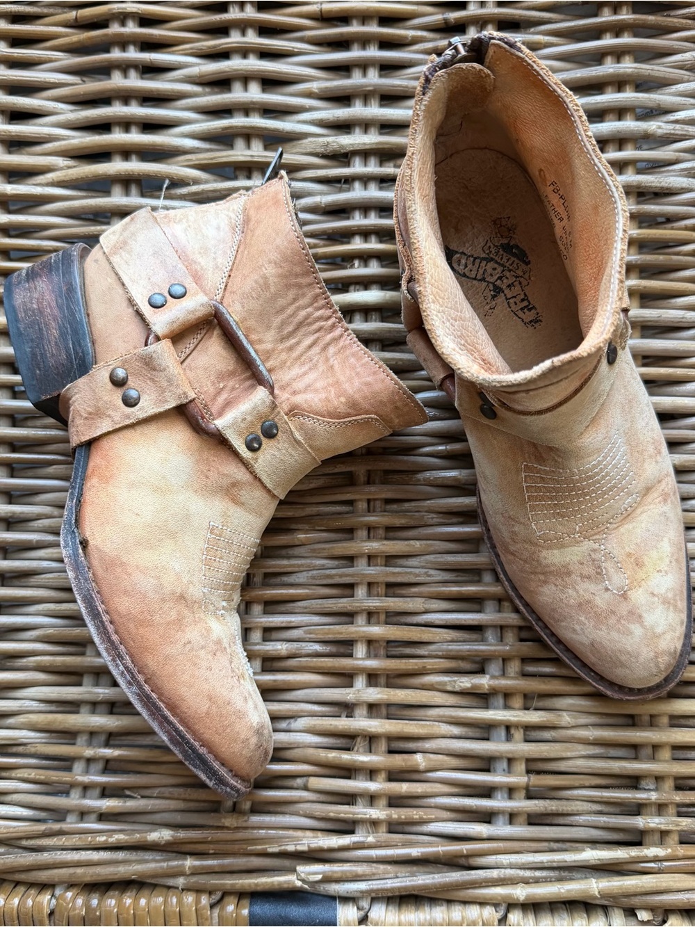 Freebird Ankle Boots Womens 6 Leather Harness Beige Distressed Western Cowboy